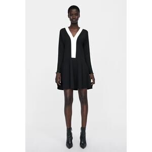 Zara Colorblock Flare Hem Long Sleeve Dress Size M Medium Black